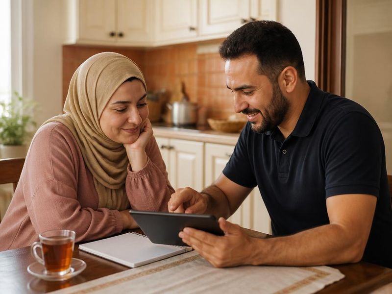 Le professionnel Zéphir Care et Karima vérifient ensemble les réglages sur une tablette, dans la cuisine familiale