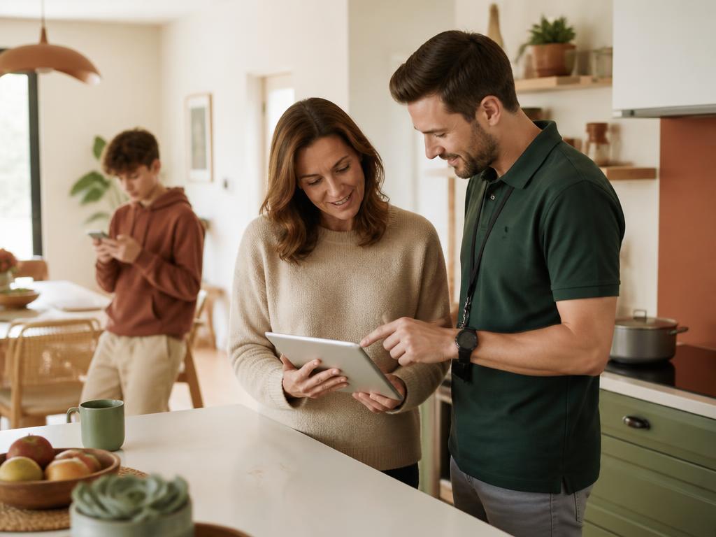 Le professionnel Zéphir et Karima vérifient ensemble les réglages sur une tablette, dans la cuisine familiale