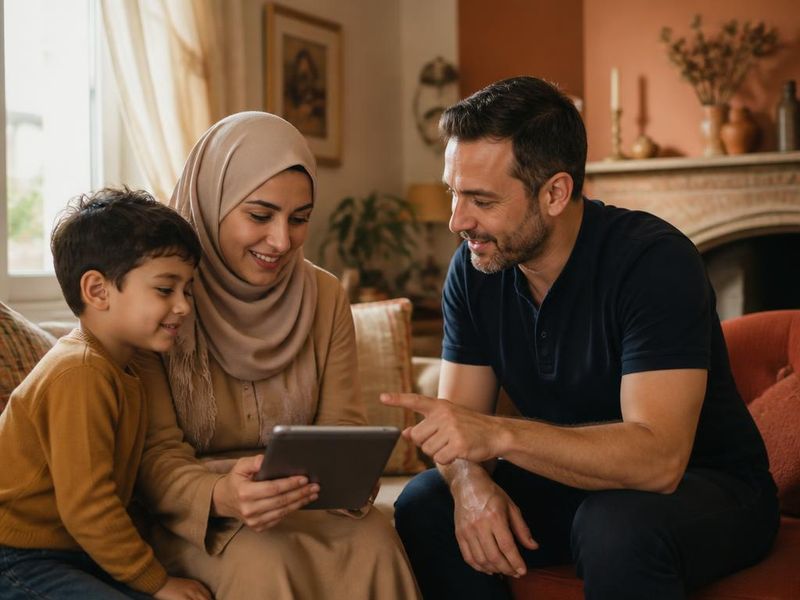 Une mère et son jeune fils découvrent les réglages d'une tablette expliqués par un professionnel dans leur salon