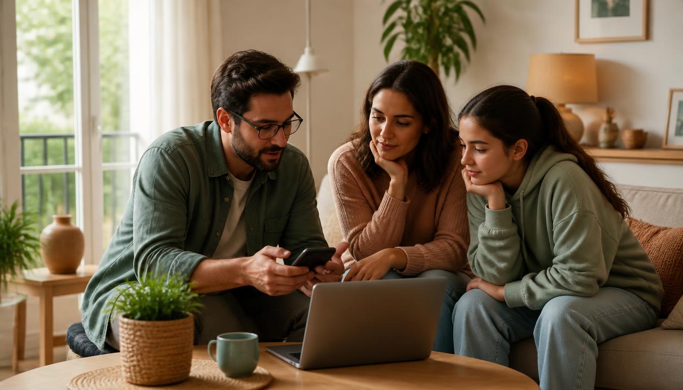 Un professionnel Zéphir accompagne une famille à domicile pour configurer smartphone et ordinateur