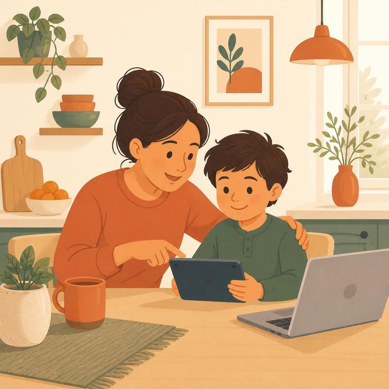 Une mère et son enfant regardent ensemble une tablette dans un cadre familial chaleureux